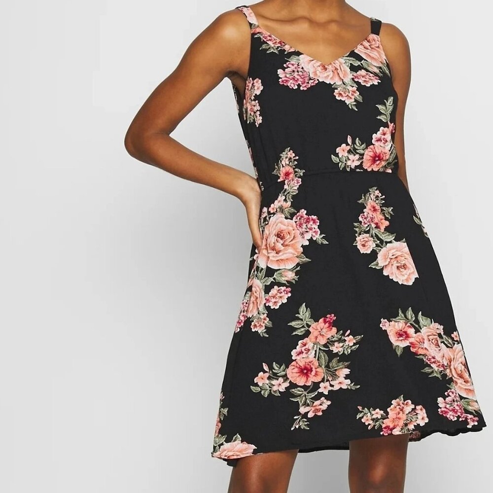 Only Black Floral Dress with Pink Roses